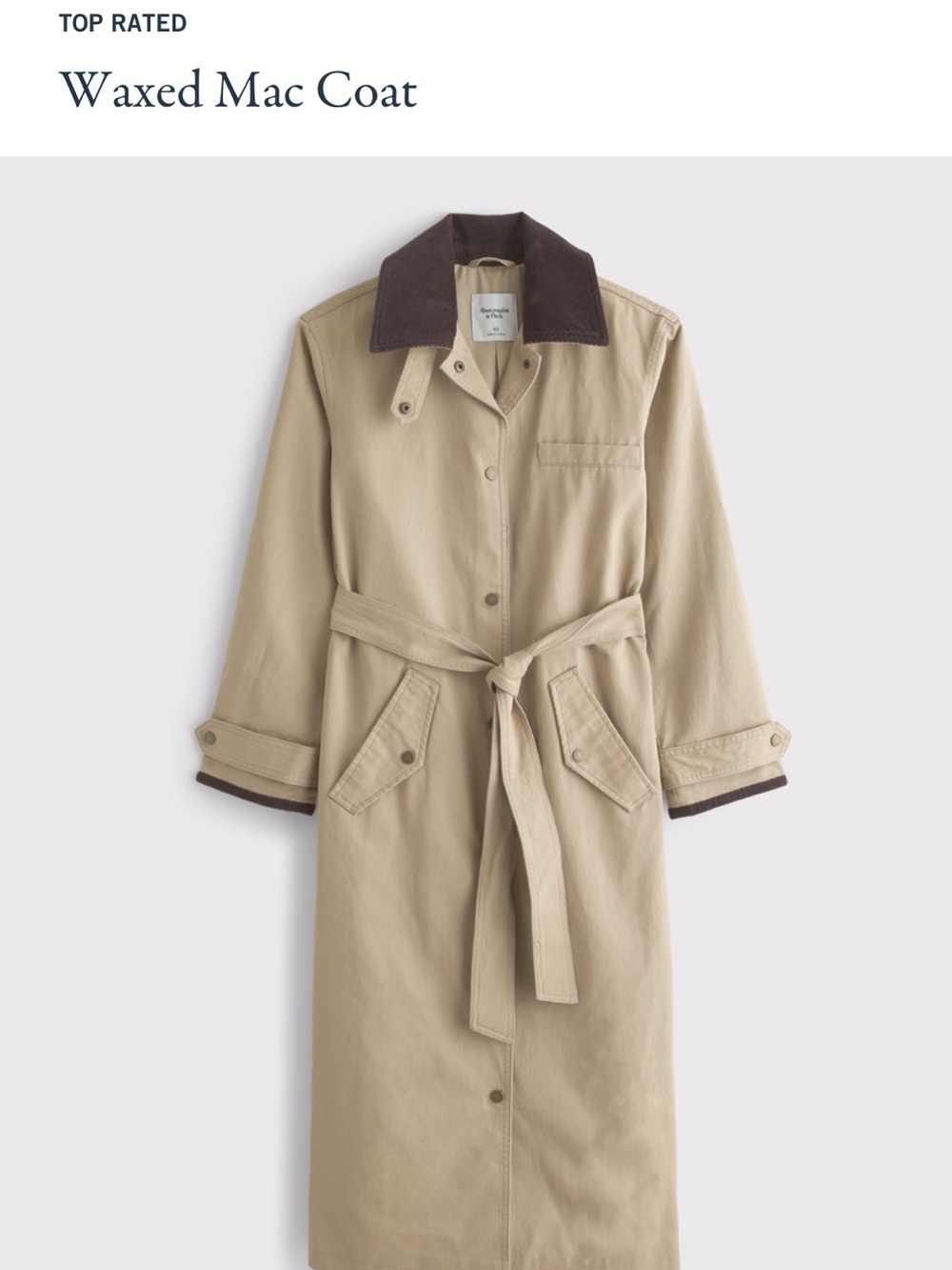 NWT • Abercrombie waxed Mac coat in creamy brown